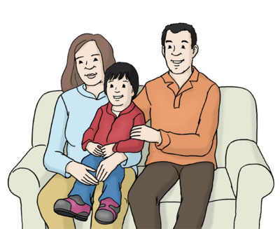 Zeichnung Frau und Mann auf Sofa, Kind auf Schoß der Frau sitzend