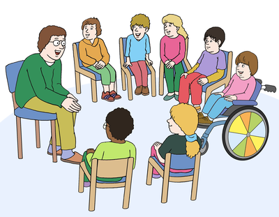 Illustration von Kindern und Erzieherin im Stuhlkreis