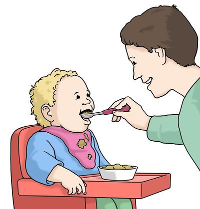 Illustration einer Frau, die ein Baby mit Brei füttert