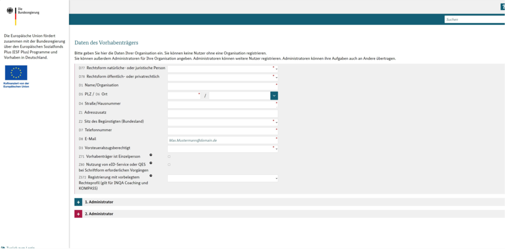 Screenshot Plattform Registrierung