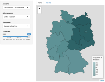 Screenshot einer Karte von Deutschland, daneben Auswahlmenü